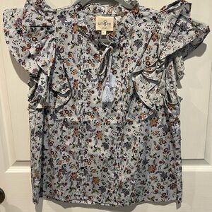 Umgee Light Blue Floral Ruffle Sleeve Blouse with Tassel Tie